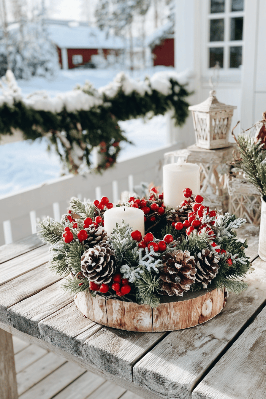 Weihnachtlich dekorierter Tisch im Freien mit einem Kranz aus Naturmaterialien, Kerzen und Beeren.