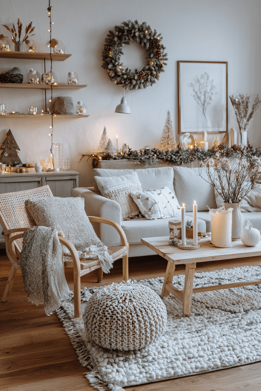 Stilvoll dekoriertes Wohnzimmer mit neutraler Weihnachtsdeko in Weiß und Creme.