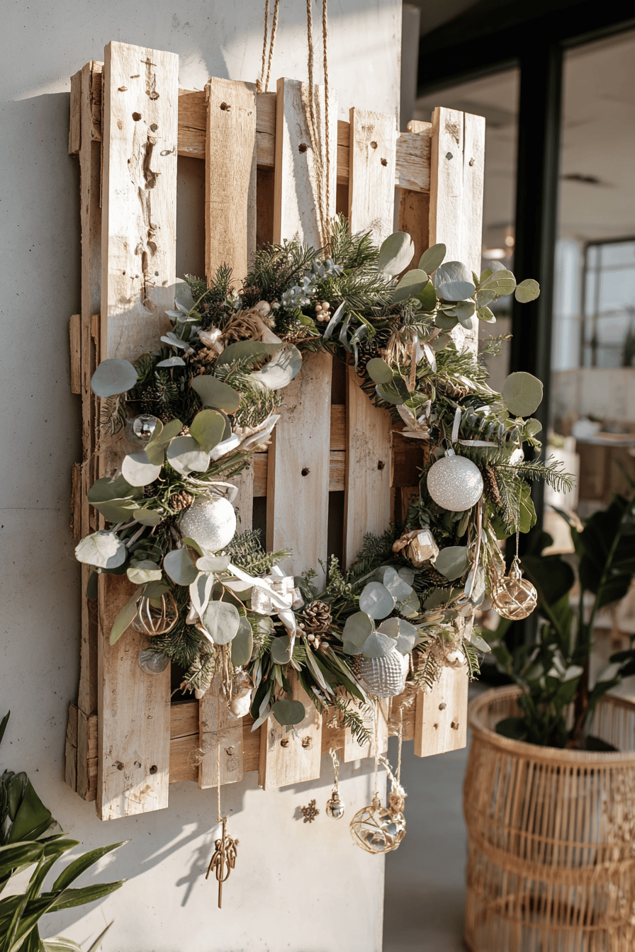 Weihnachtskranz aus Eukalyptus und Tannenzweigen an einer Holzpalette.
