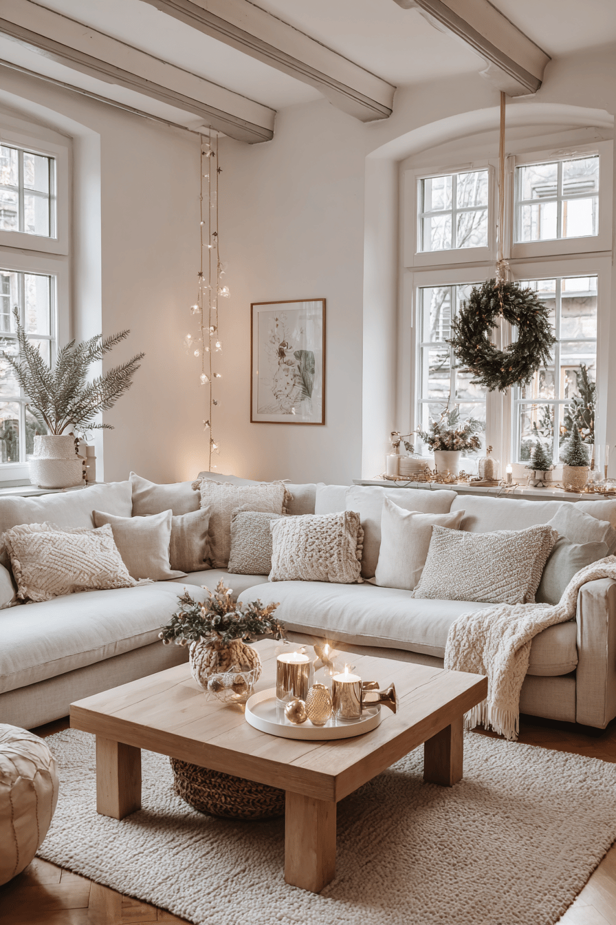 Gemütliches Wohnzimmer in Pastelltönen mit Weihnachtsdekoration