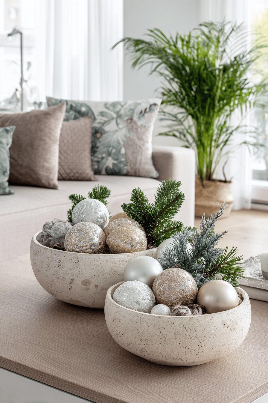 Schalen mit silbernen und goldenen Weihnachtskugeln, dekoriert mit Tannenzweigen.