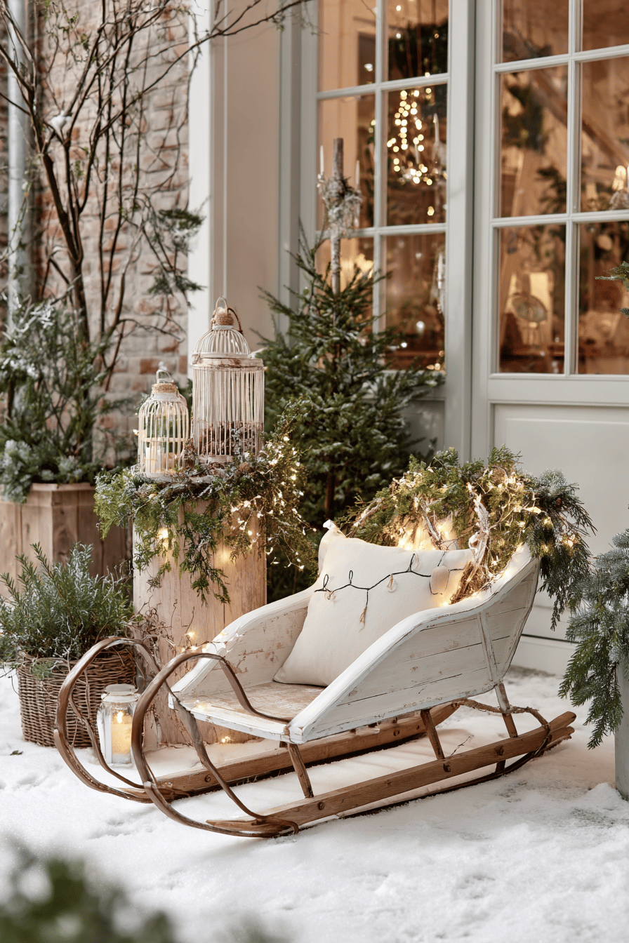 Ein dekorativer Schlitten im Garten, geschmückt mit Lichtern und Tannenzweigen, umgeben von Schneelandschaft.