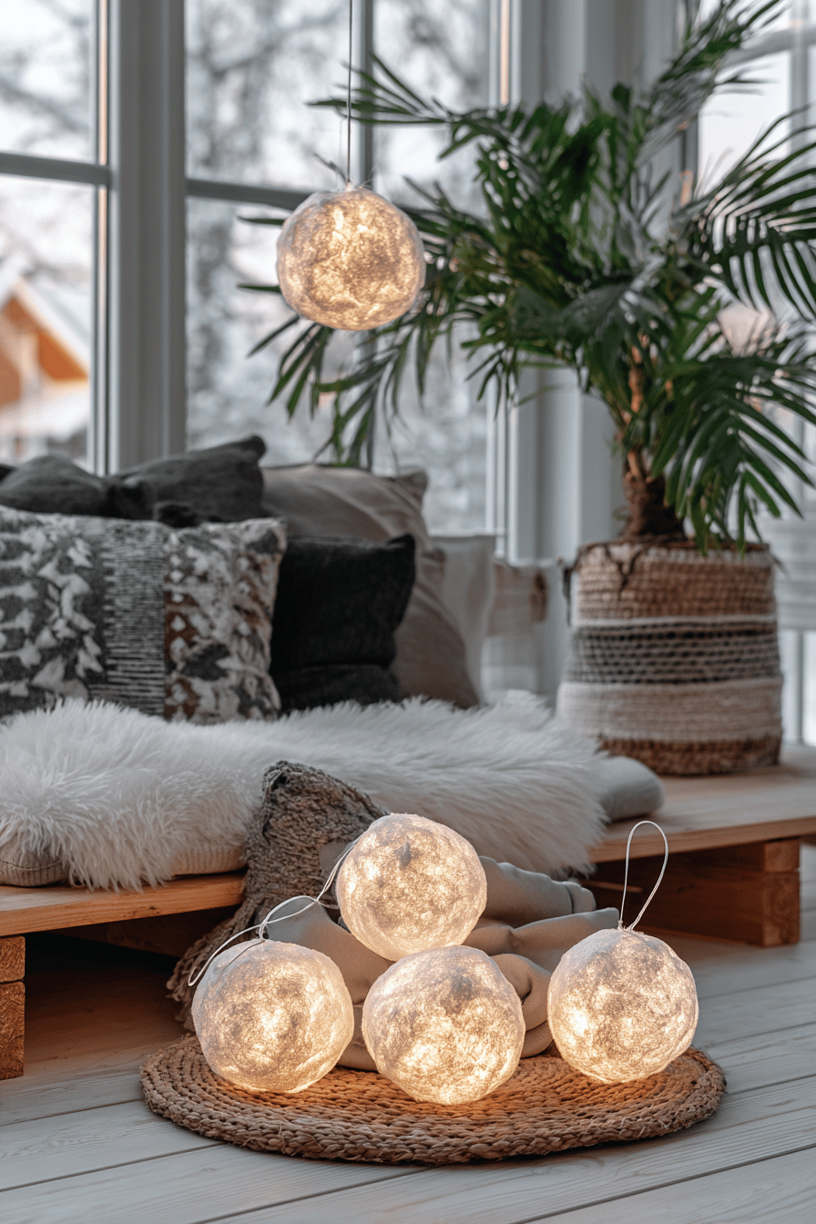Gemütlicher Raum mit dekorativen, leuchtenden Schneebällen und Kissen vor einem Fenster.