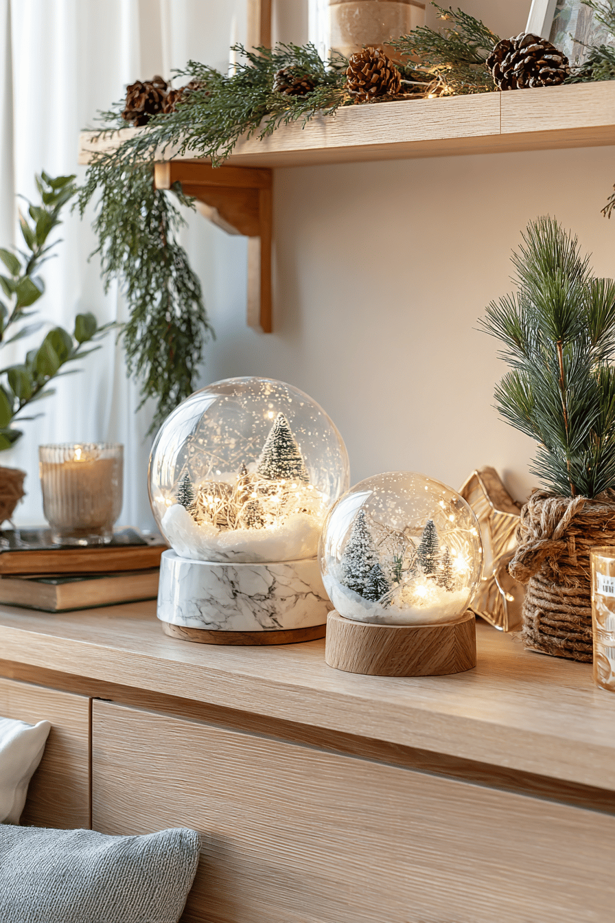 Zwei leuchtende Schneekugeln mit winterlicher Szene auf einem Holzregal.