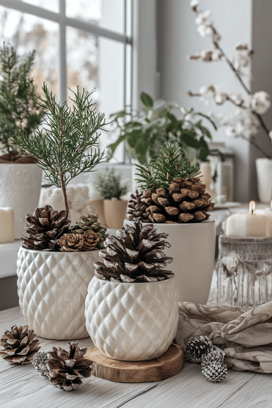 Weiße Pflanzentöpfe mit Tannenzapfen auf einem Holztisch dekoriert.