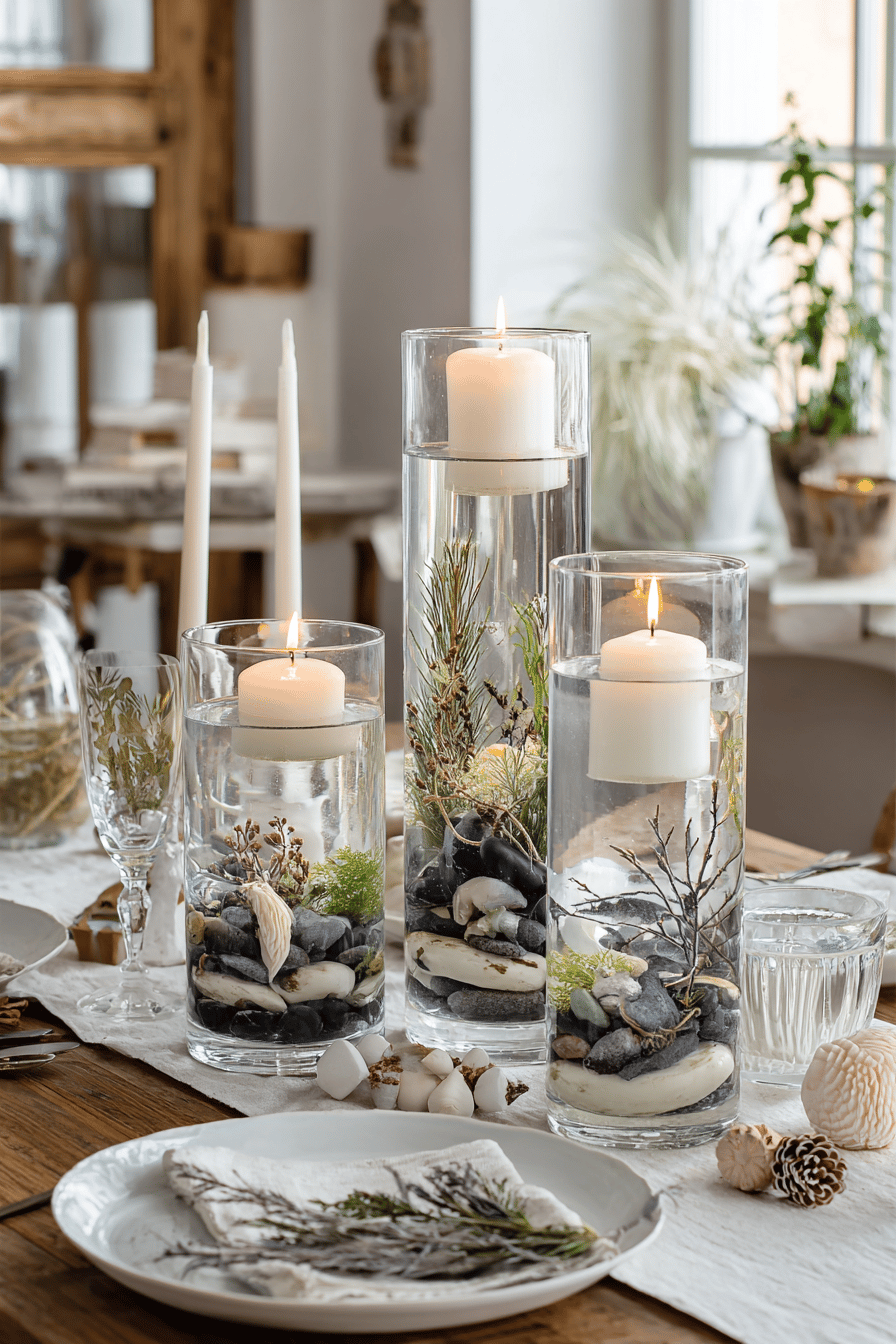 Tischdekoration mit schwimmenden Kerzen und eleganten Naturmaterialien.