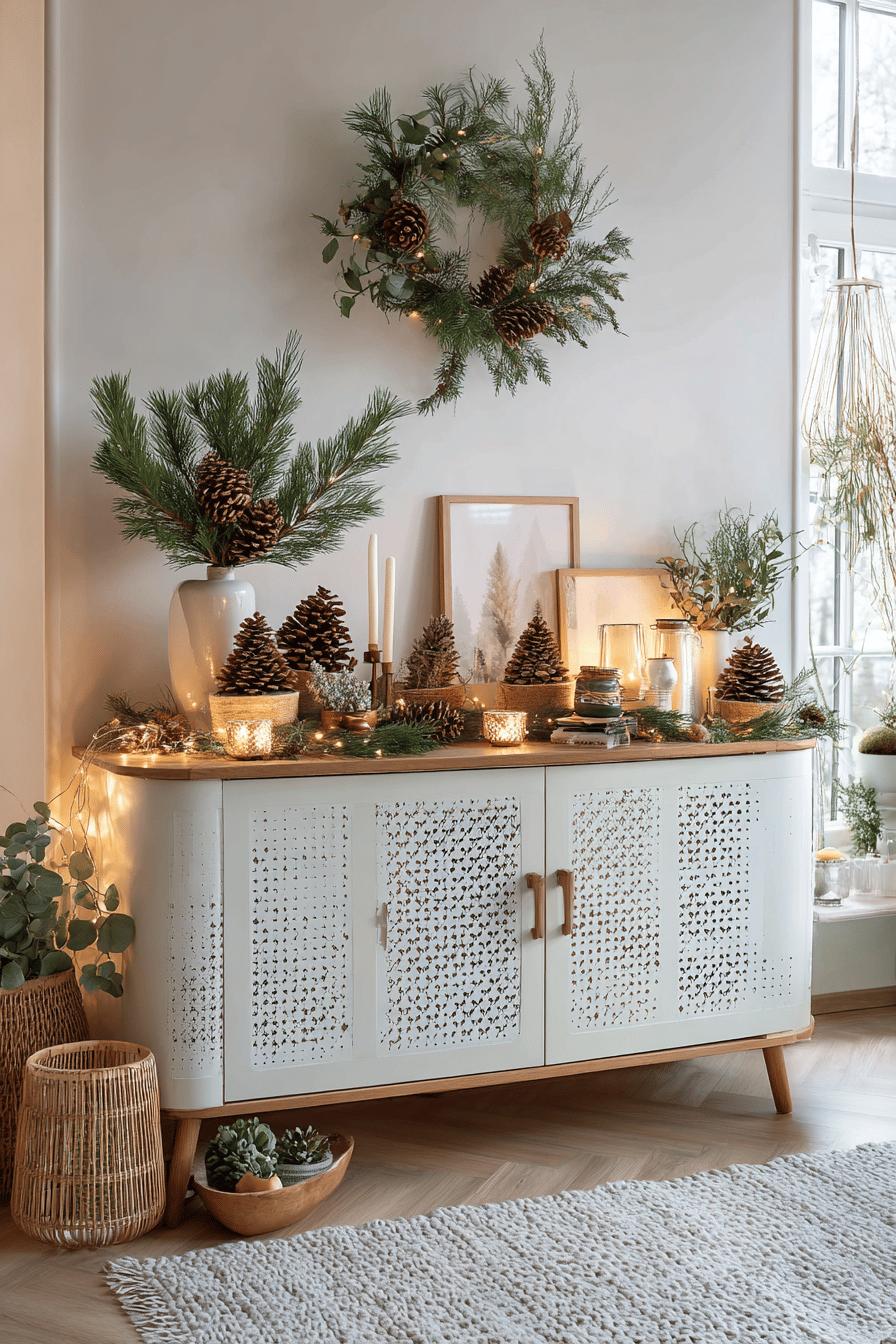 Ein Sideboard mit festlicher Dekoration aus Naturmaterialien, Tannenzapfen und Kerzen.