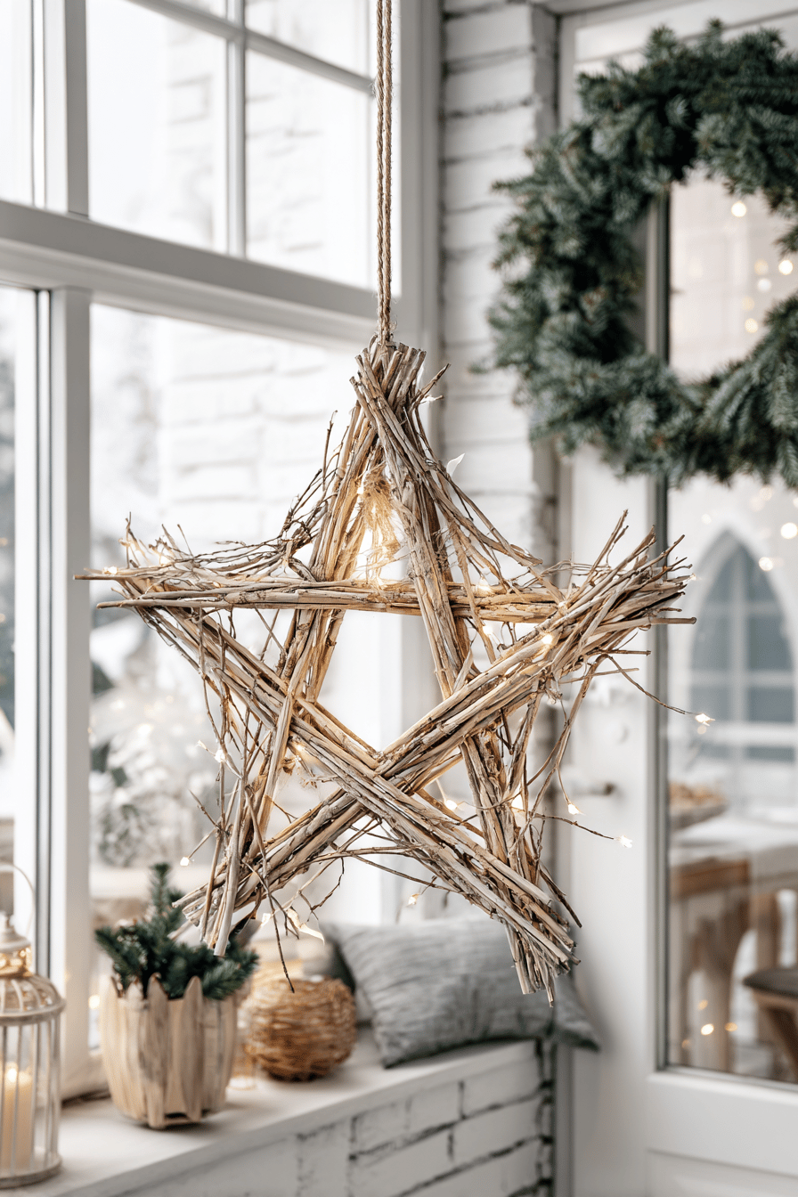 Ein großer, aus Zweigen gefertigter Stern hängt dekorativ vor einem Fenster mit weihnachtlichem Kranz.