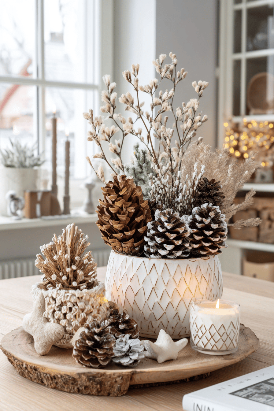 Ein stilvoll arrangiertes Display mit Tannenzapfen und Zweigen, ergänzt durch sanft leuchtende Kerzen.
