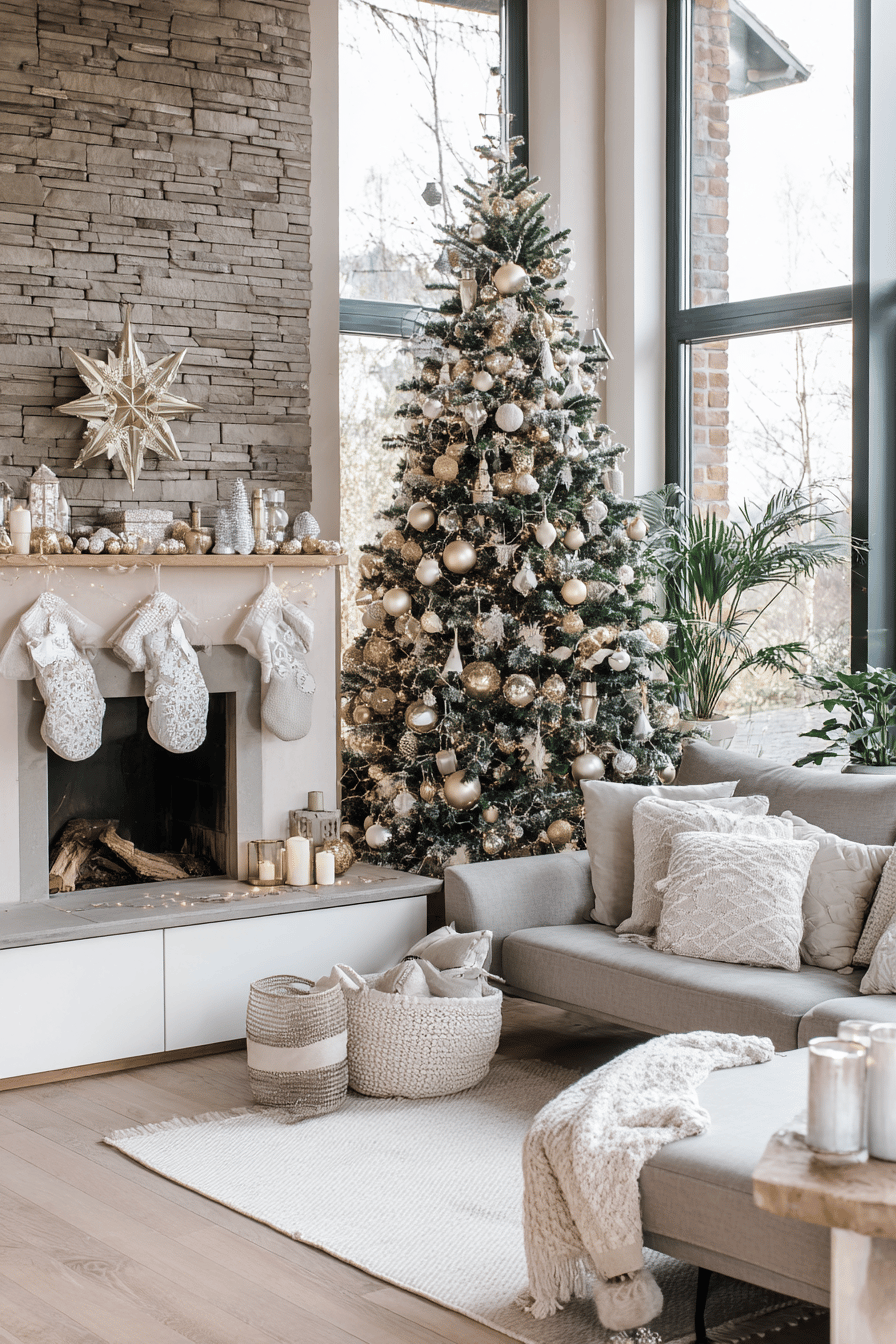 Eleganter Raum mit weihnachtlicher Dekoration, einschließlich eines reich geschmückten Tannenbaums und Kamin mit Strümpfen.