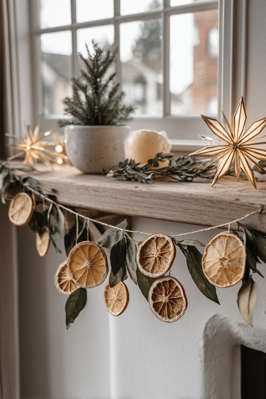 Eine Kamindekoration mit getrockneten Orangen und Sternenlichtern im weihnachtlichen Stil.