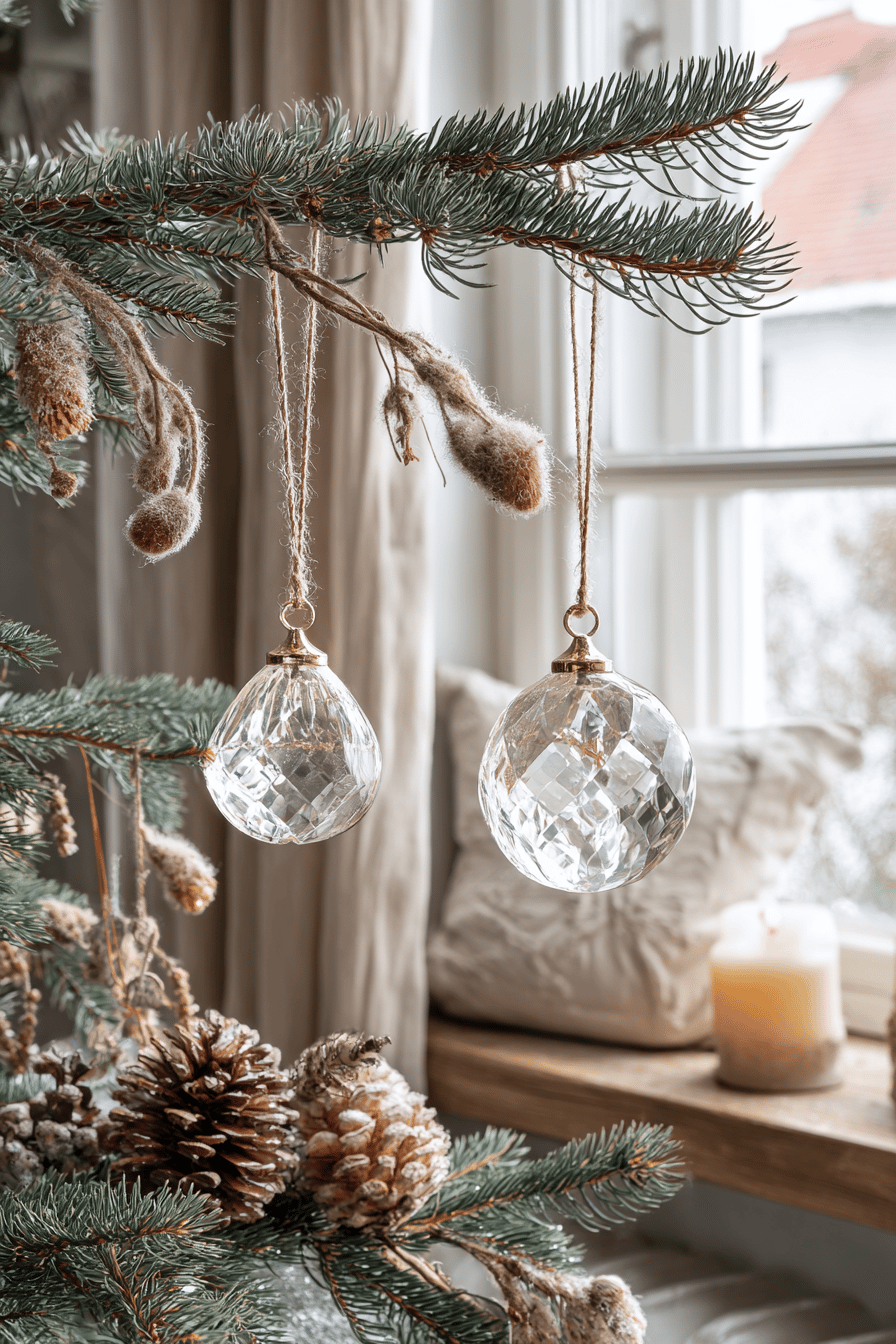 Kristallornamente und Tannenzapfen an einem Weihnachtsbaum vor einem Fenster.