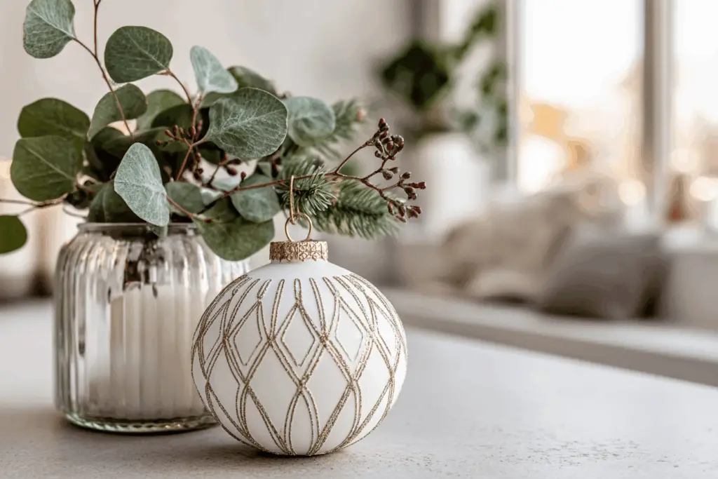 Weihnachtskugel und Pflanzen in Vase