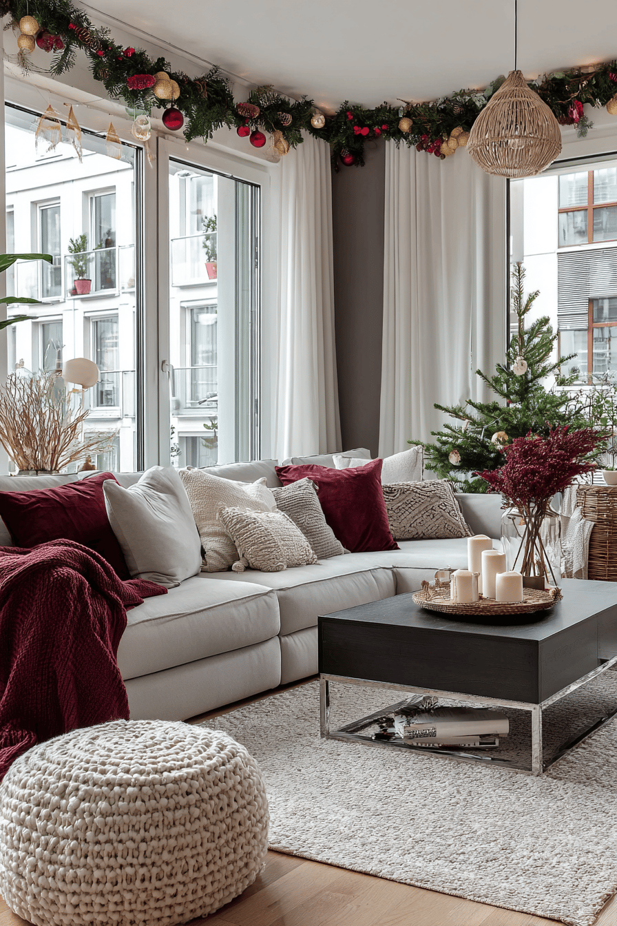 Ein gemütliches Wohnzimmer mit burgundyfarbenen Kissen und weihnachtlicher Dekoration.