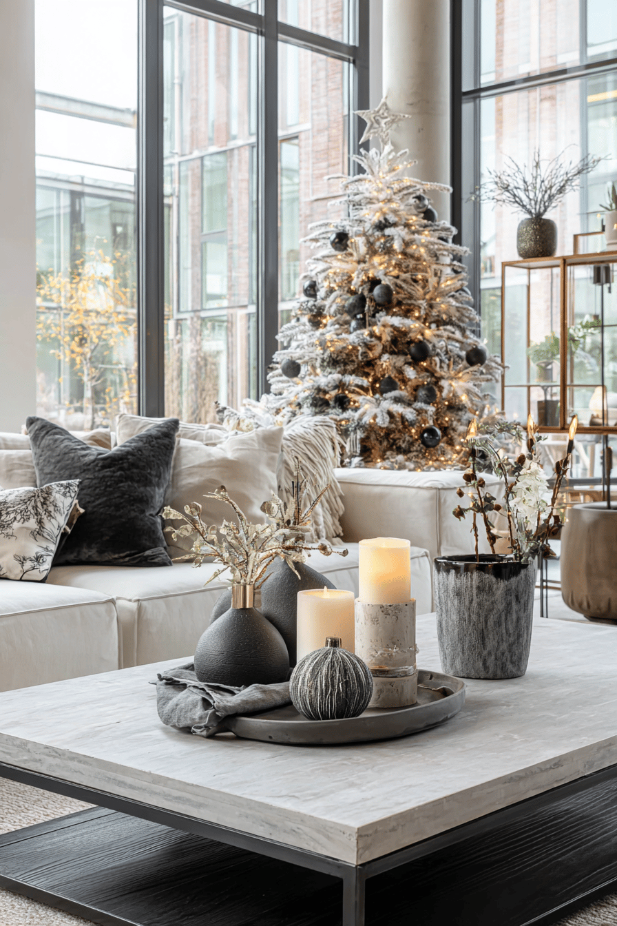 Ein stilvoll dekoriertes Wohnzimmer mit einem modernen Weihnachtsbaum in dunklen Farben, samtigen Kissen und eleganten Vasen auf dem Tisch.