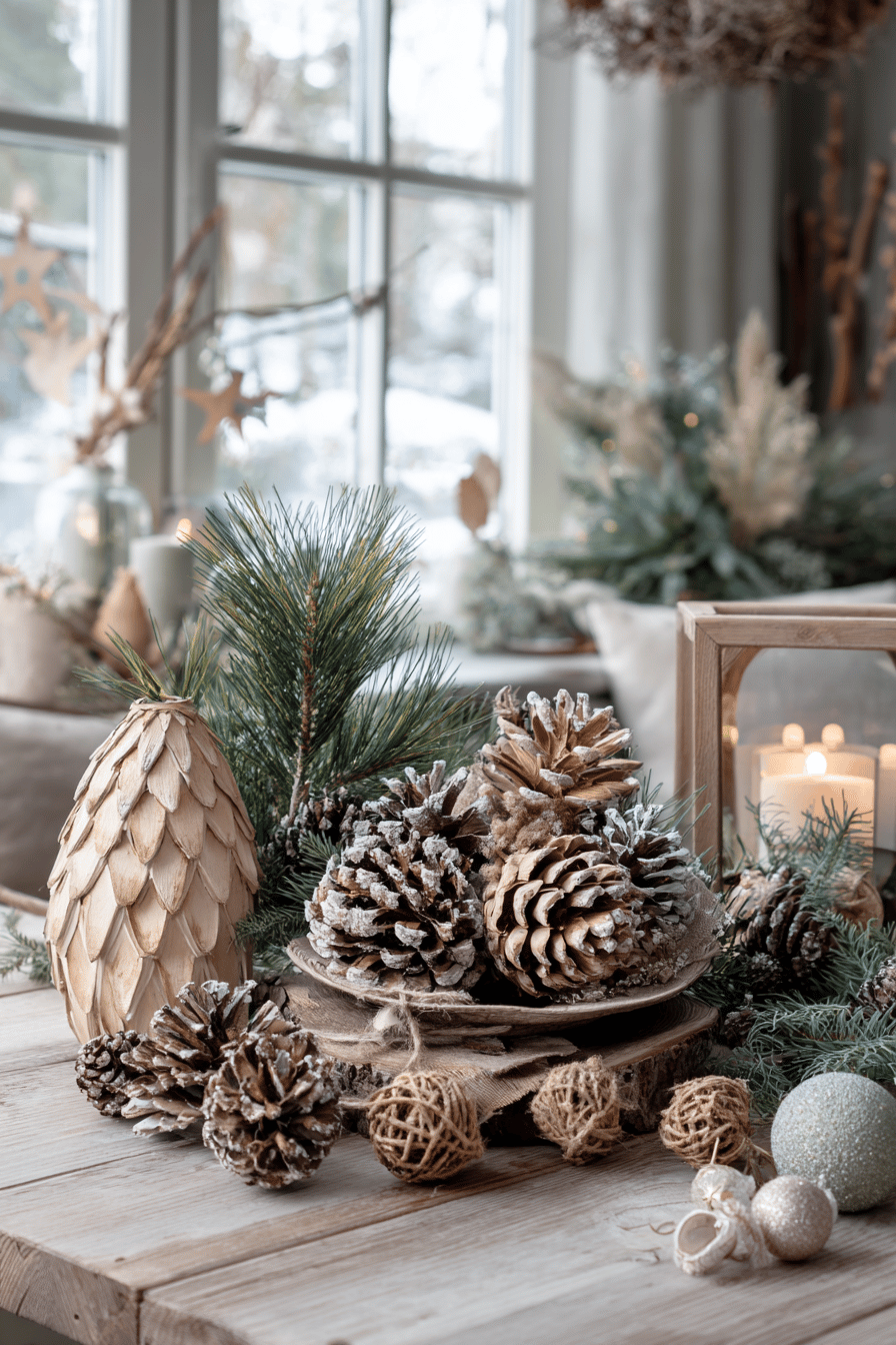 Naturnahe Weihnachtsdekoration mit Kiefernzapfen und Tannenzweigen.