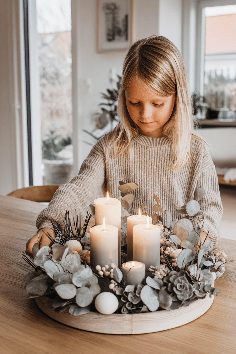 Ein Mädchen gestaltet einen modernen Adventskranz mit Eukalyptus und weißen Kerzen.