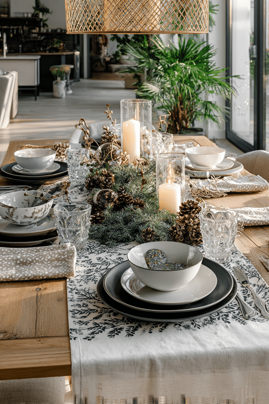 Ein festlich gedeckter Esstisch mit winterlichem Tischläufer, weißen Kerzen, Tannenzapfen und stilvollem Geschirr.