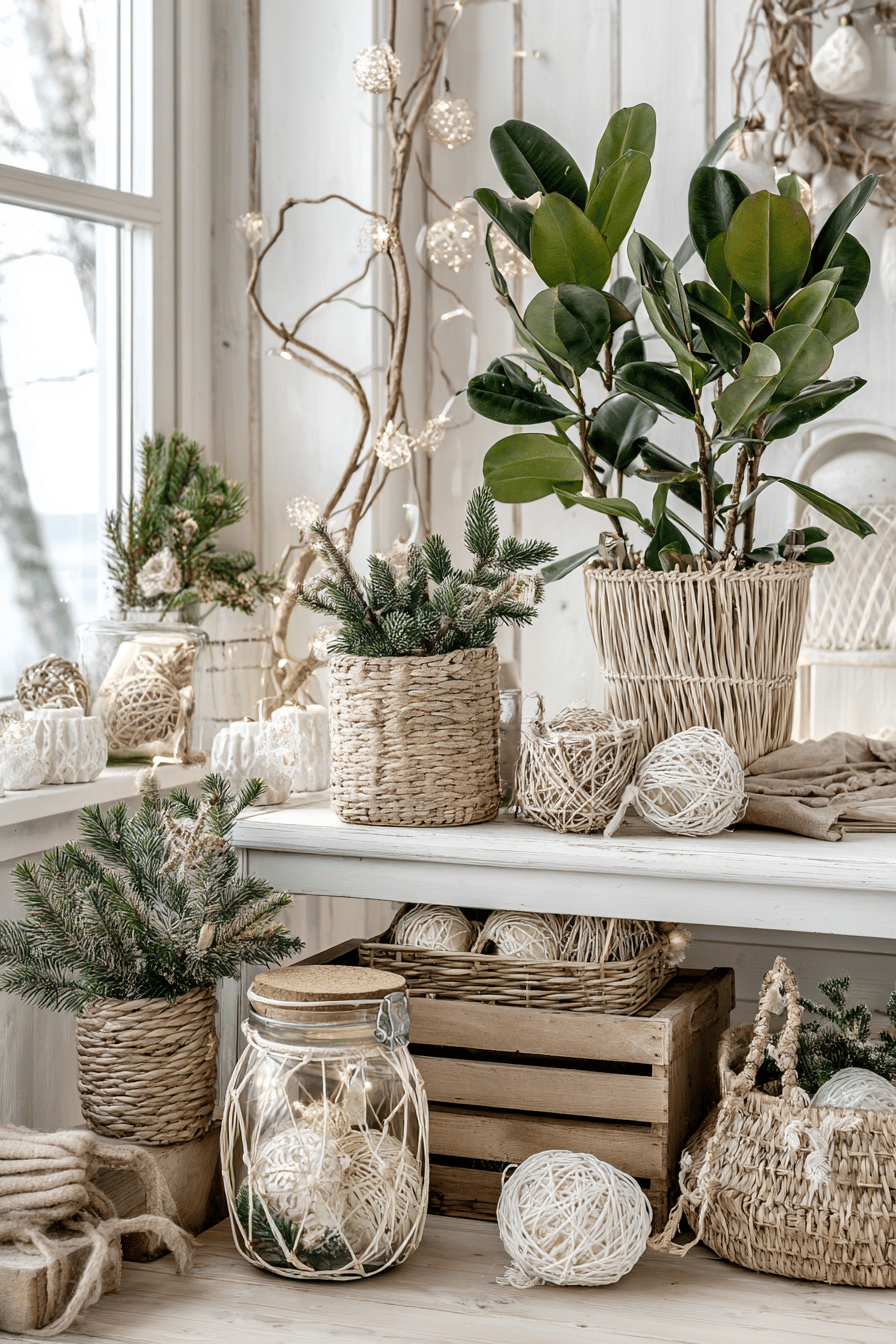 Weihnachtsdekoration mit natürlichen Materialien wie Holz und Rattan, dekoriert mit Pflanzen und Lichtern.