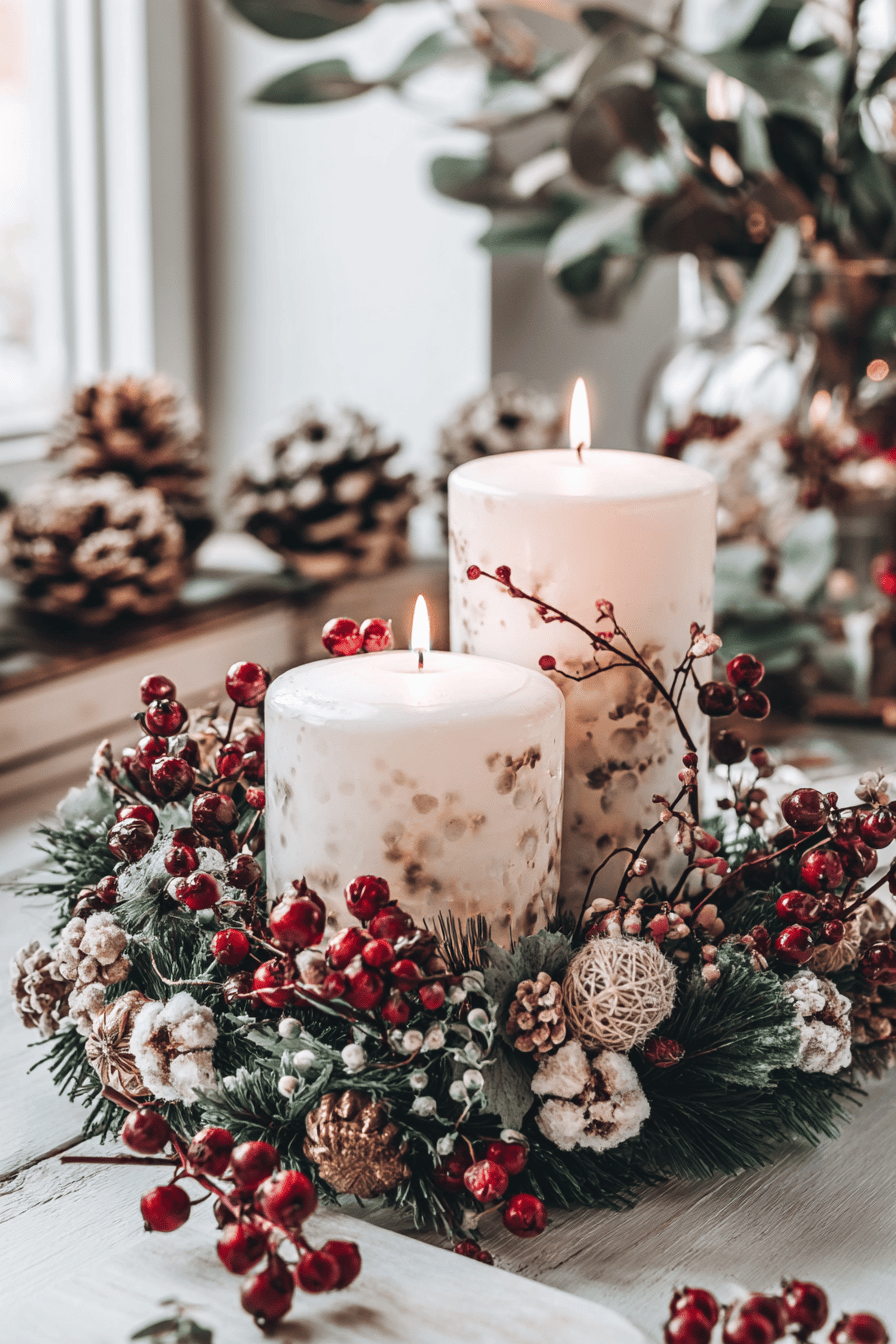 Zwei dekorative Kerzen mit roten Beeren und Tannenzweigen.