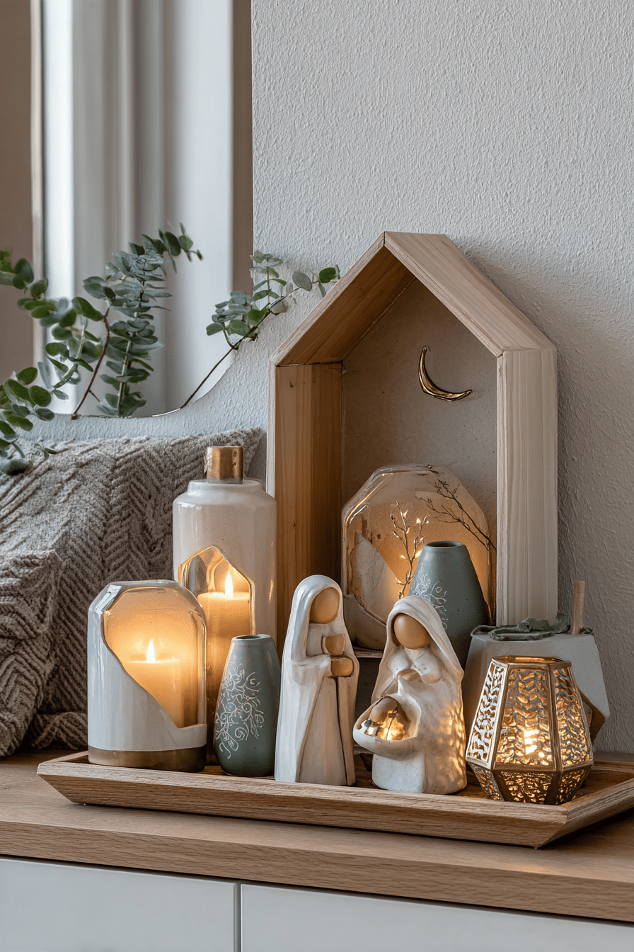 Krippen-Arrangement mit modernen Figuren und Kerzen auf einem Tablett dekoriert.