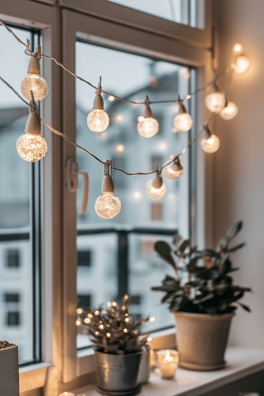 Fensterbrett mit dekorativen Lichterketten in warmen Weißtönen und Pflanzen.