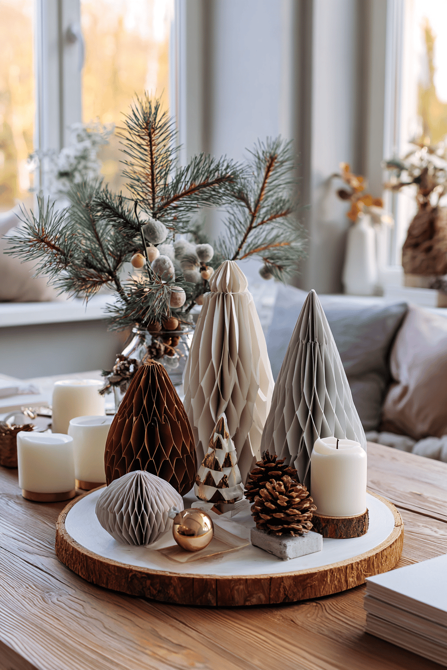 Festliche Tischdekoration mit DIY Papier-Weihnachtsbäumen und Kerzen.