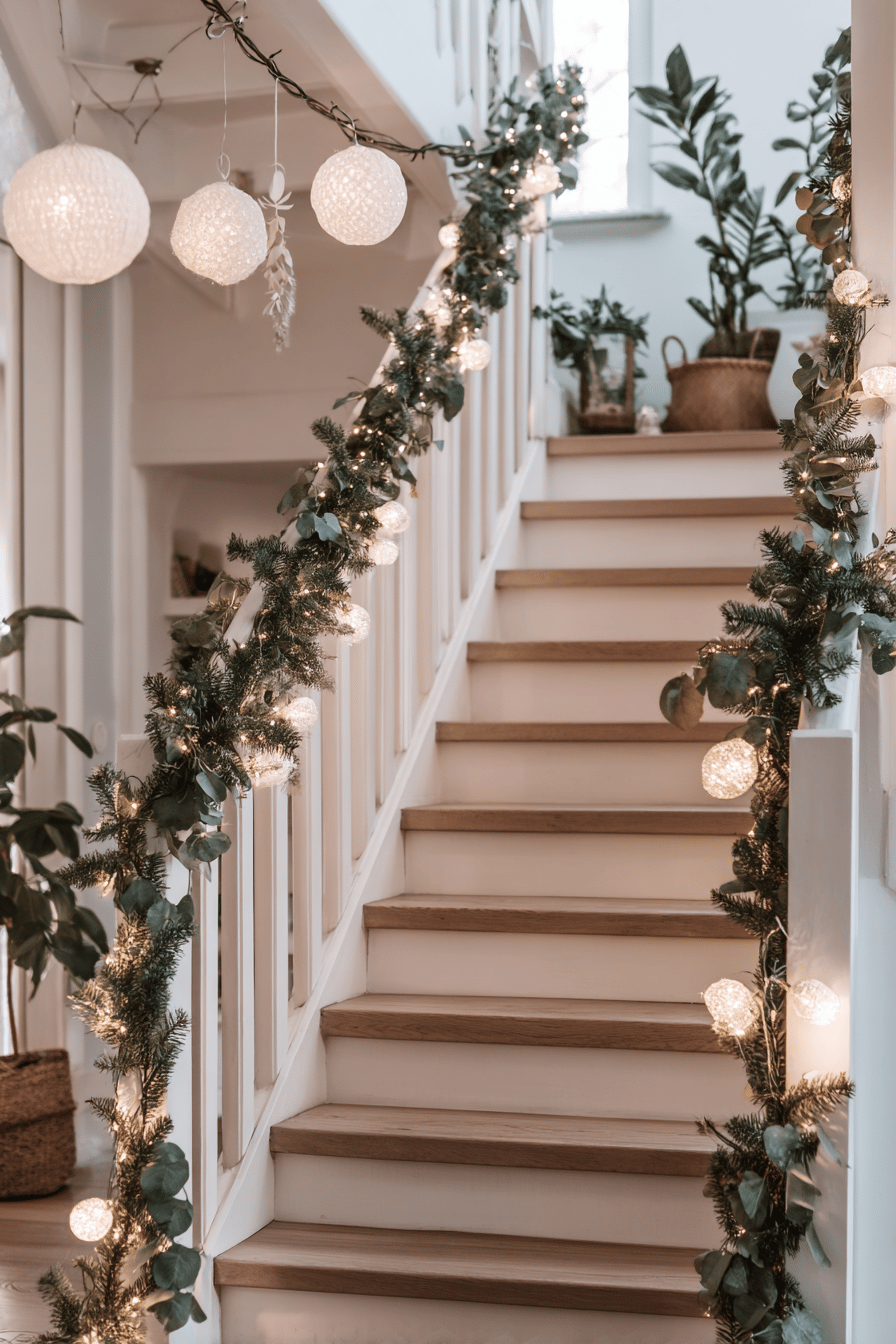 Ein Treppengeländer mit Weihnachtsgirlanden und Lichterketten geschmückt.