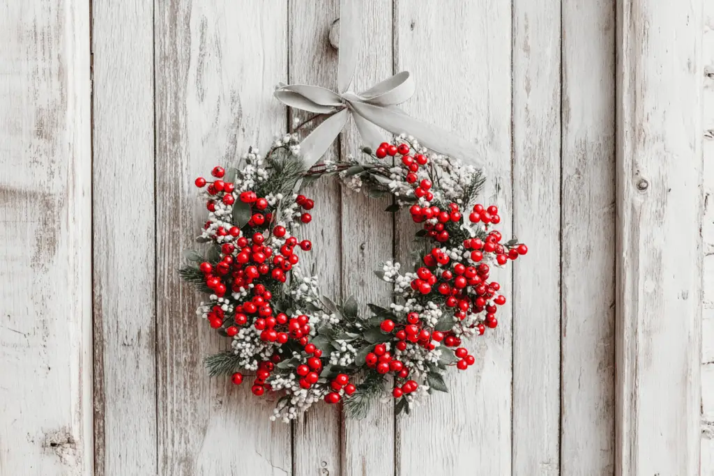 Weihnachtskranz mit roten Beeren vor Holzwand