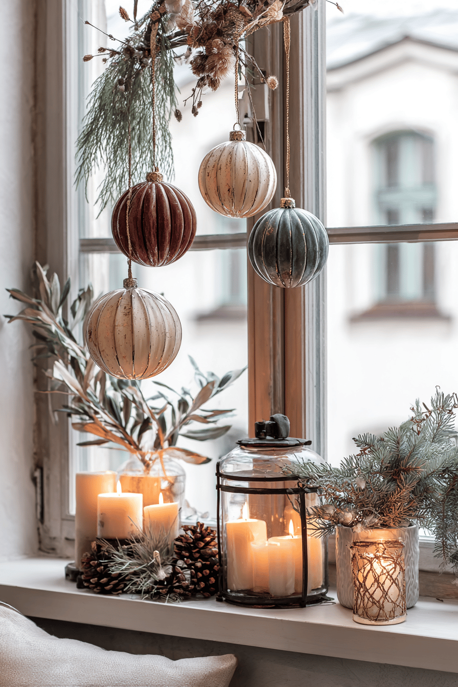 Fensterbrett mit weihnachtlicher Dekoration, u.a. Vintage-Weihnachtskugeln, Kerzen und Tannenzweig.