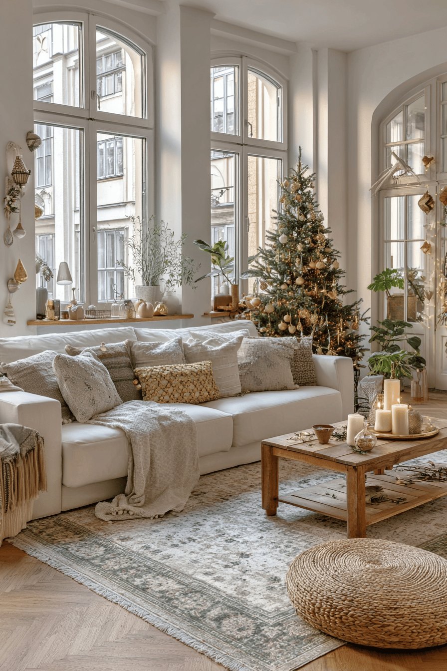 Gemütliches Wohnzimmer mit weihnachtlicher Dekoration, darunter ein geschmückter Baum und Kerzen.