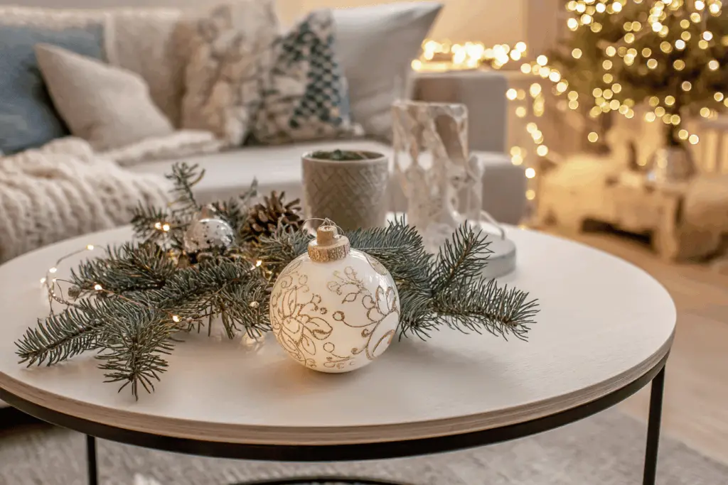 Weihnachtliche Deko mit Tannenzweigen und Kugel.