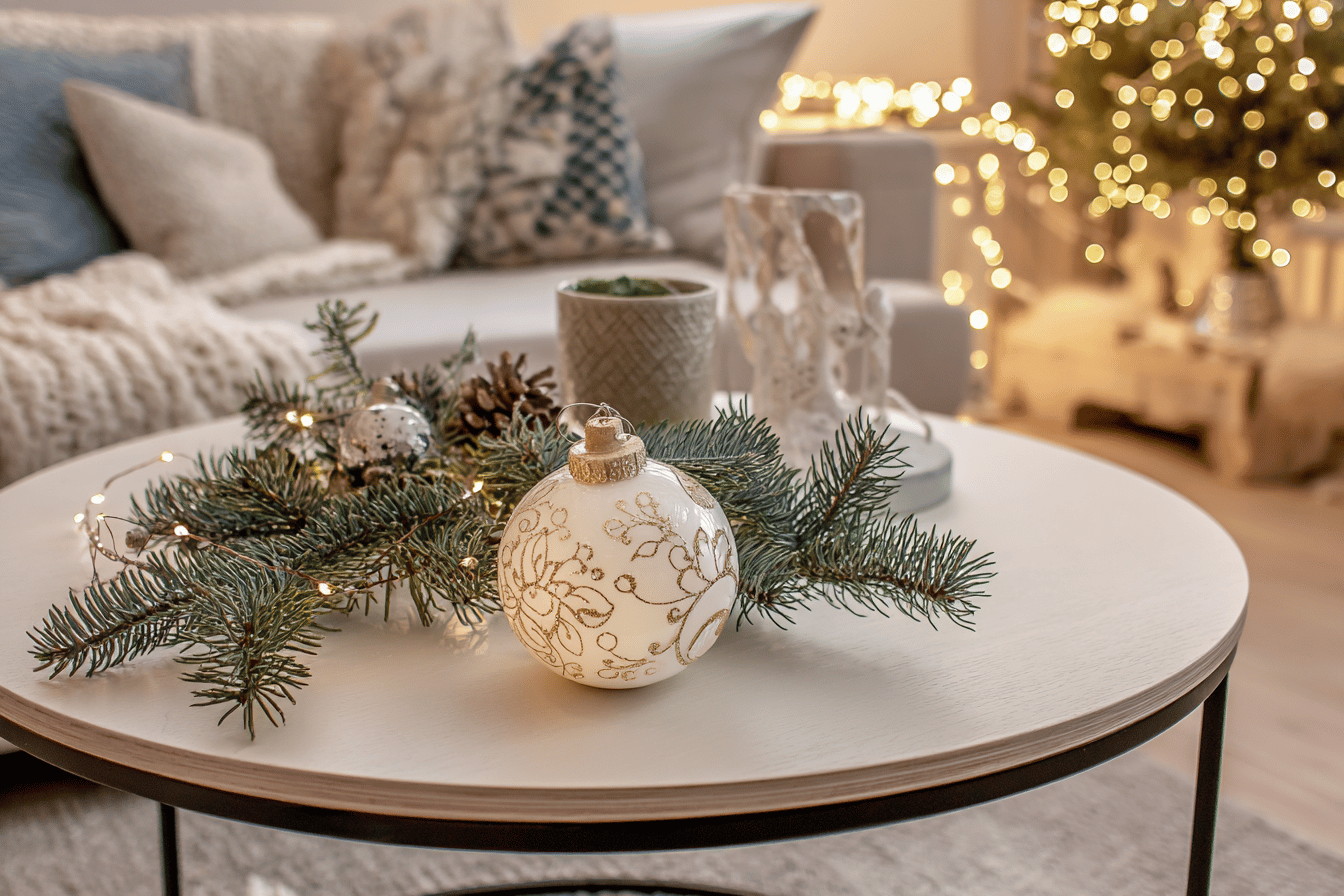 Weihnachtliche Deko mit Tannenzweigen und Kugel.