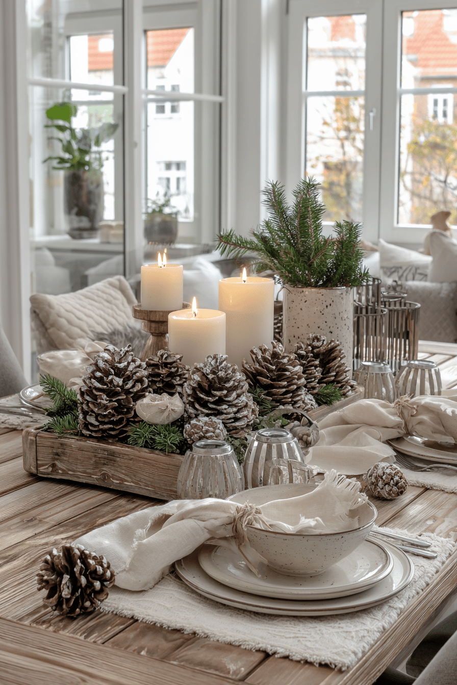 Ein stilvoll gedeckter Tisch mit weißen Kerzen, Tannenzapfen und natürlichen Dekorationen.