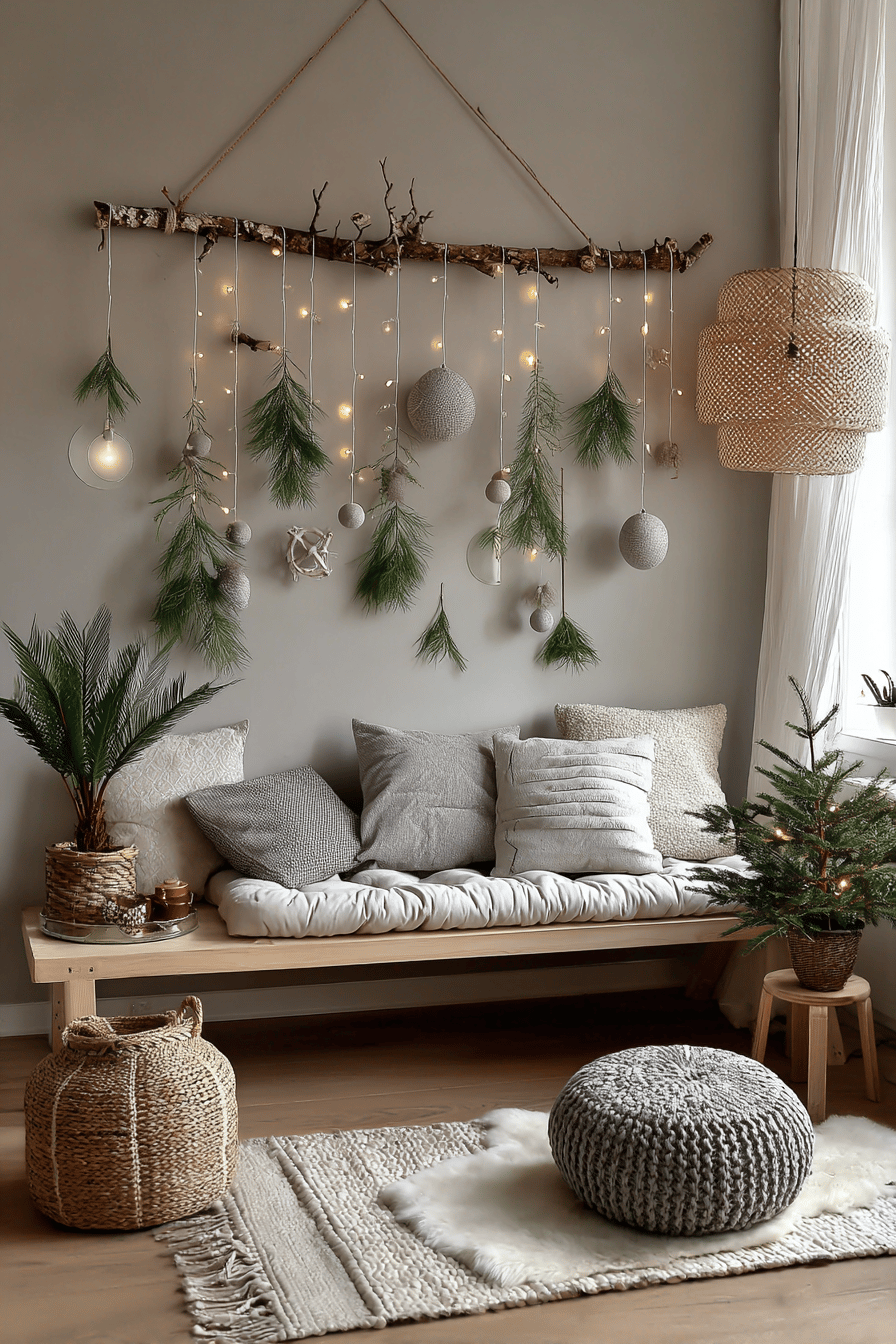 Weihnachtliche Wanddekoration mit Tannenzweigen und Lichtern über einer gemütlichen Sitzgelegenheit.