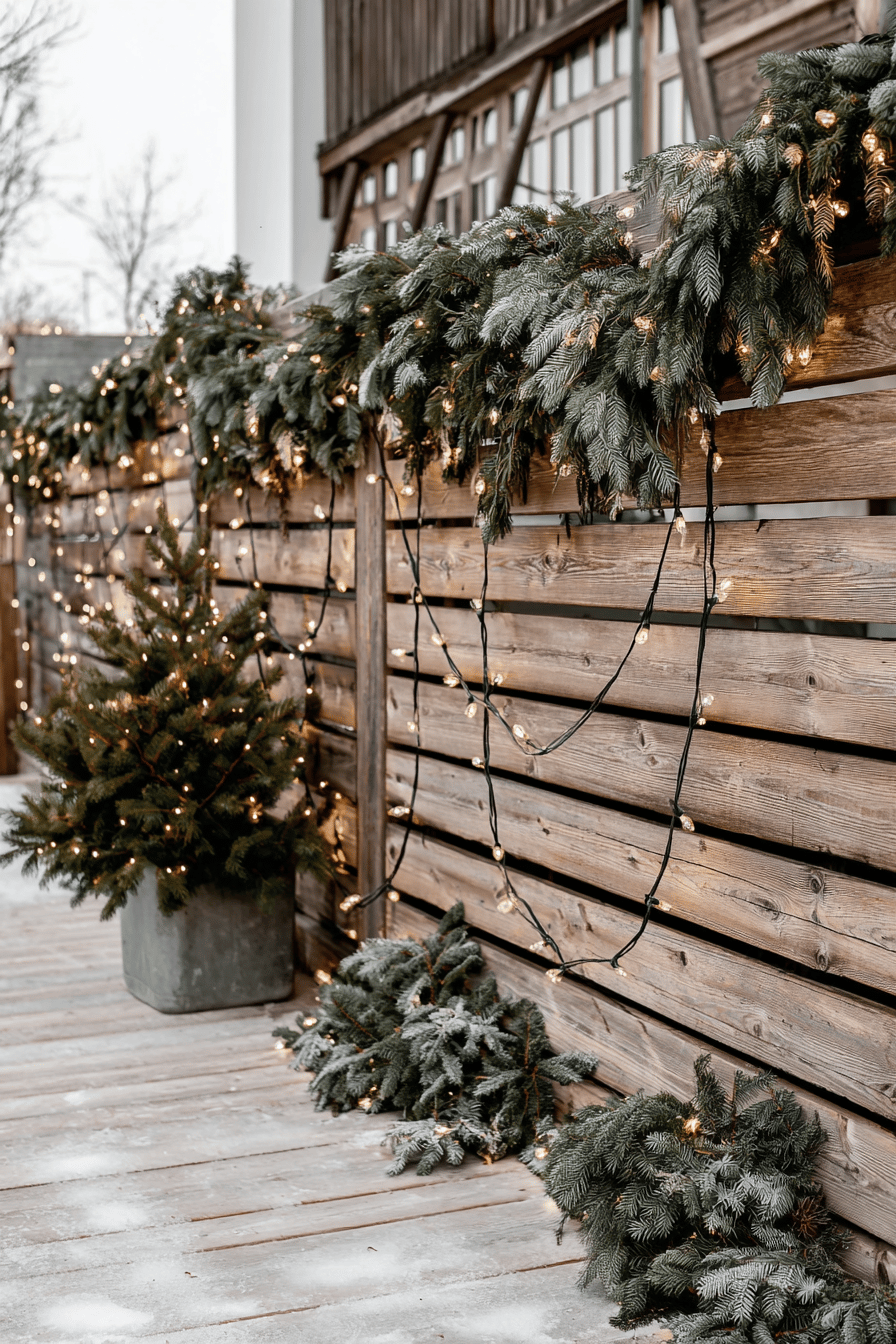 Ein Holzlattenzaun mit weihnachtlichen Lichterketten und Tannengrün geschmückt.