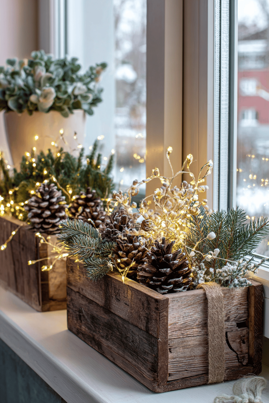 Holzblumenkästen auf einer Fensterbank, dekoriert mit Tannenzweigen, Zapfen und Lichterketten.