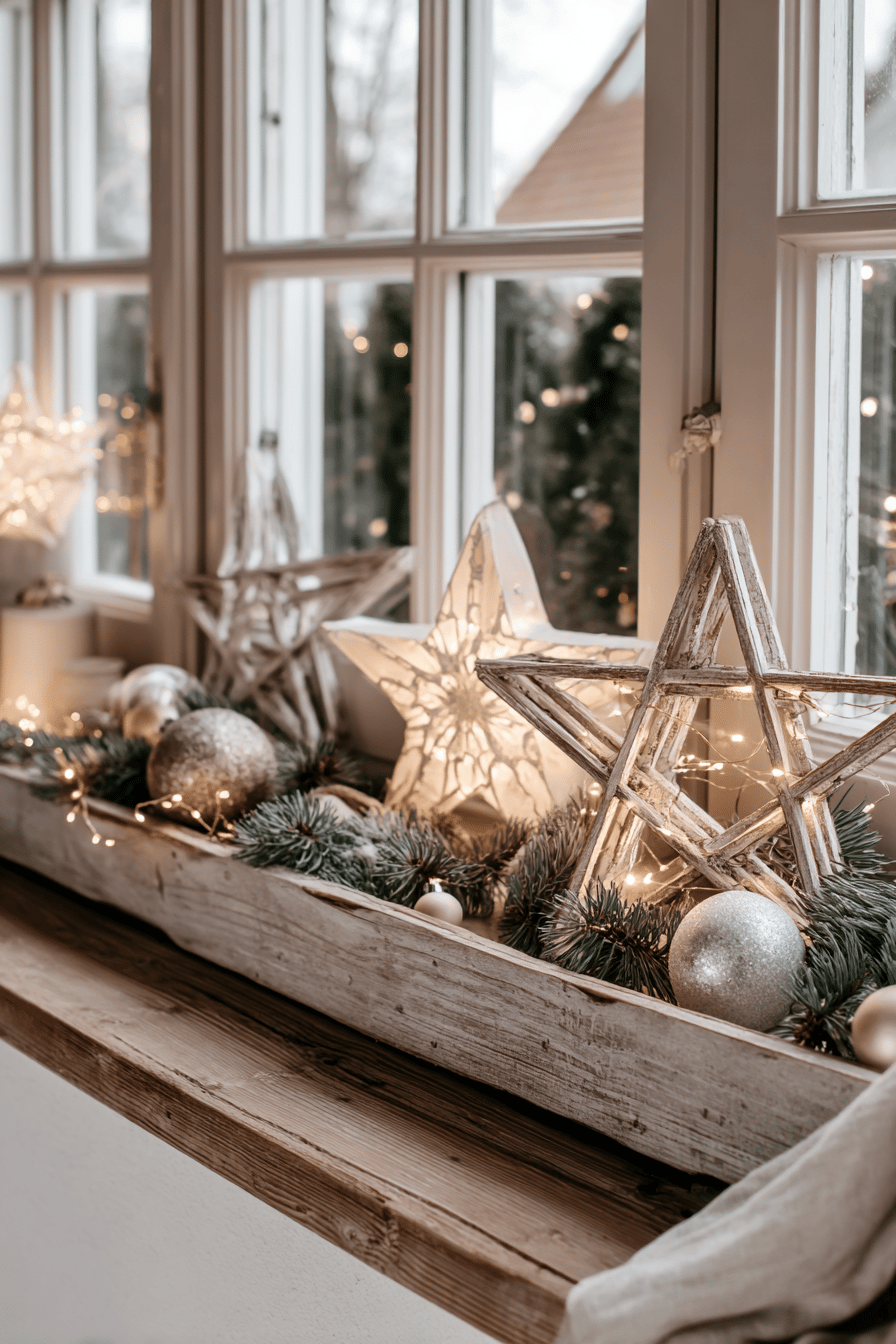 Blumenkasten mit weihnachtlicher Dekoration aus Holz- und Metallsternen sowie Lichterketten.