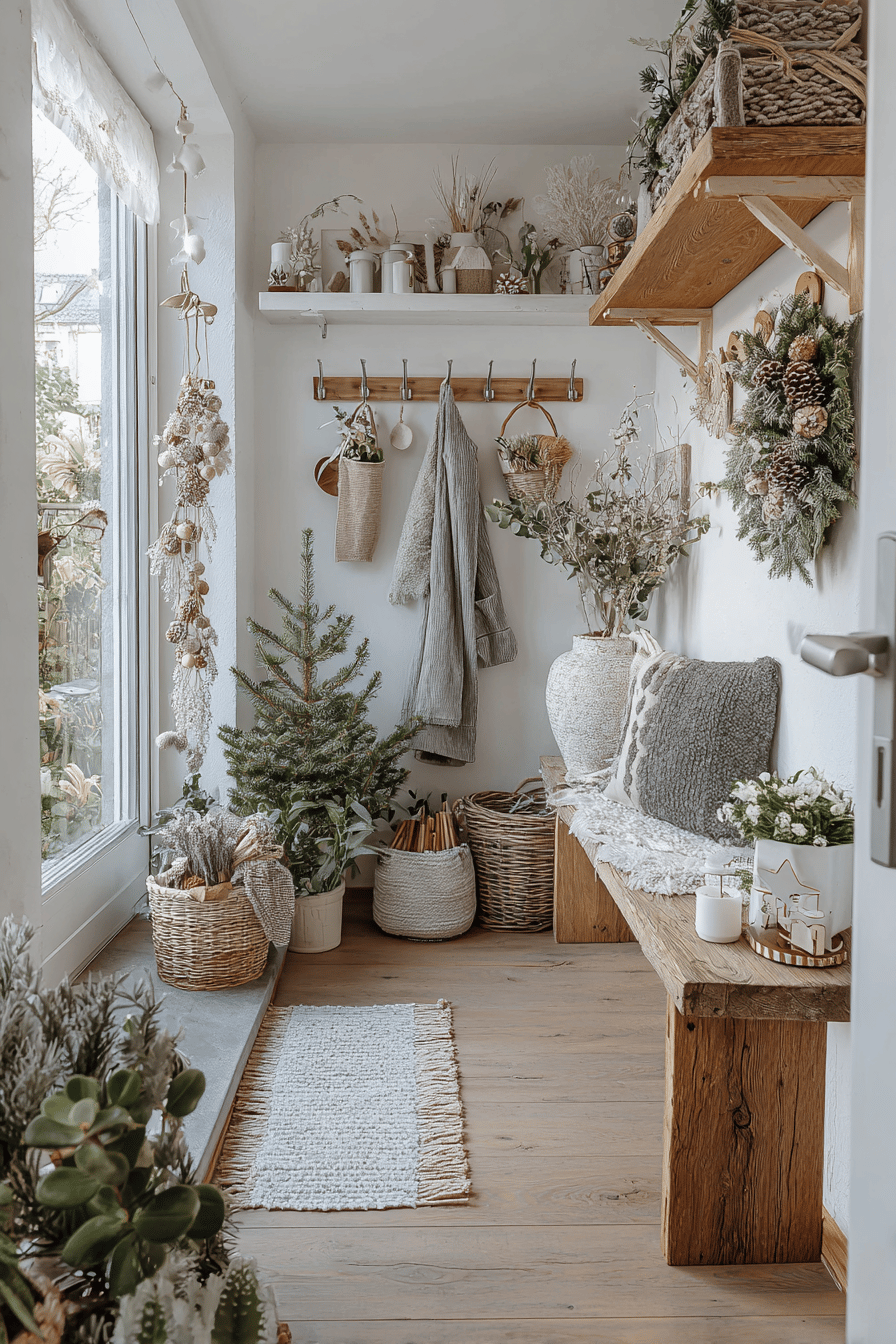 Ein gemütlicher Flur mit natürlichen Weihnachtsdekorationen, wie Tannenzweigen, Kränzen und Kerzen.