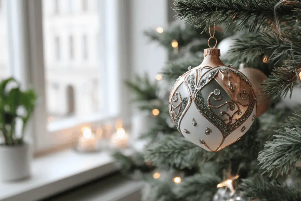 Weihnachtskugel am Baum vor Kerzen im Fenster