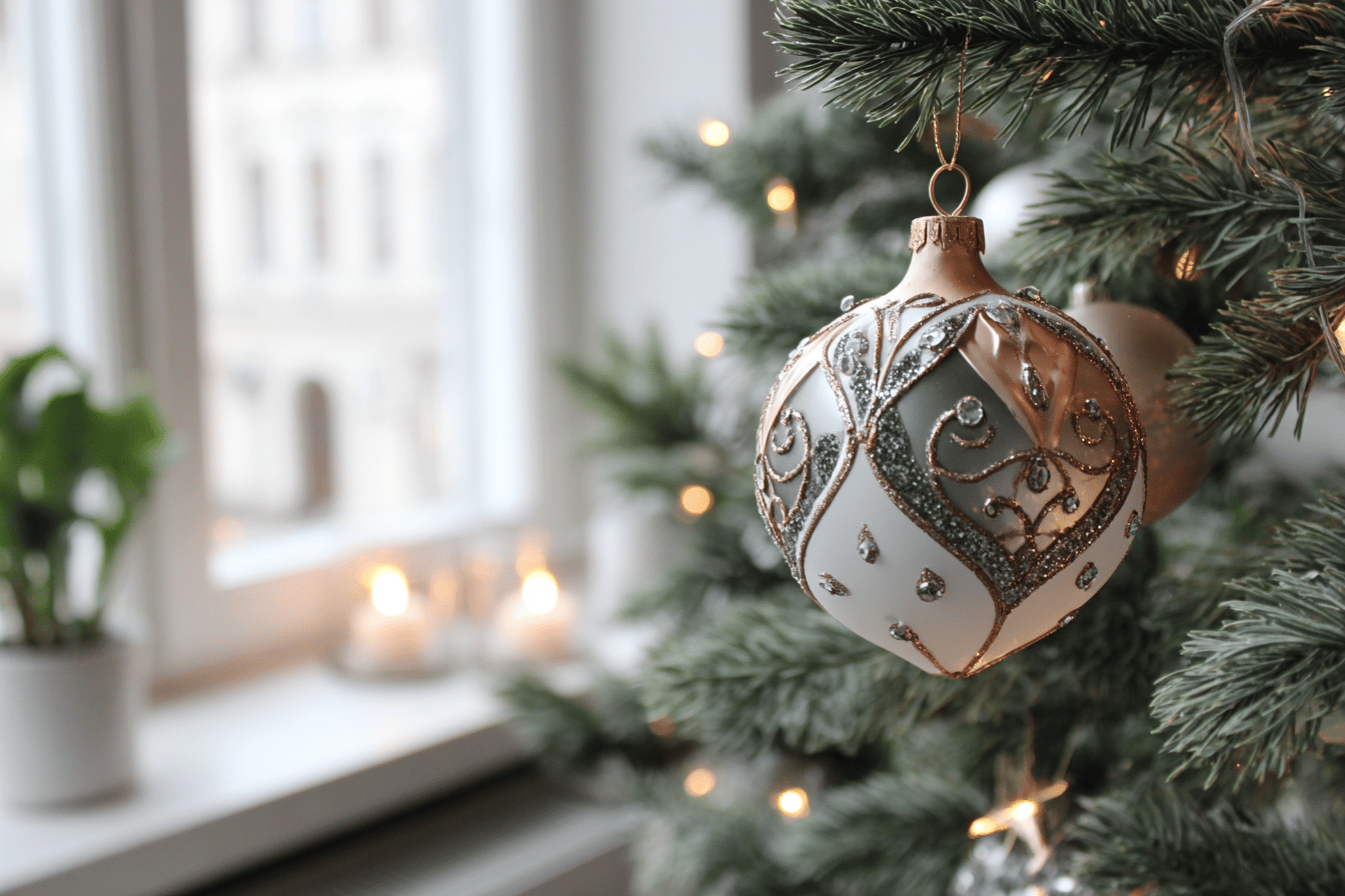 Weihnachtskugel am Baum vor Kerzen im Fenster