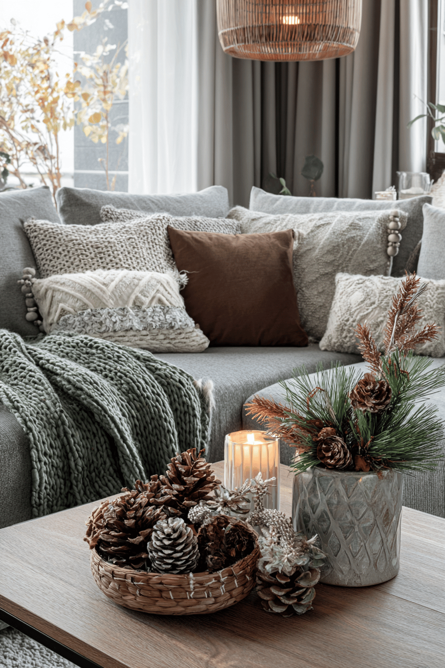 Ein gemütliches Wohnzimmer mit modernen Weihnachtsdekorationen, einschließlich Kissen, Decken, Kerzen und Tannenzapfen.