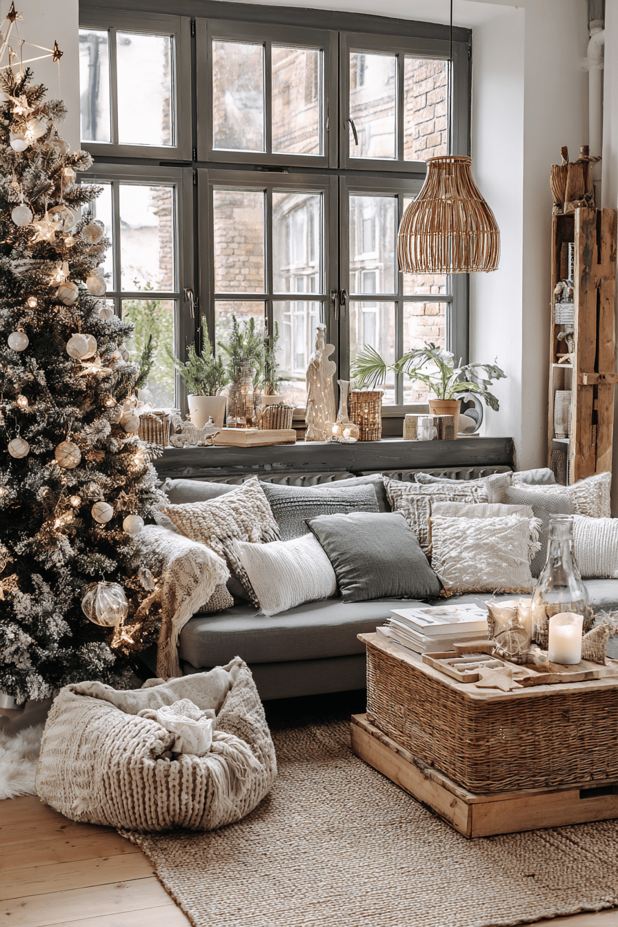 Ein gemütlich dekoriertes Wohnzimmer mit Weihnachtsbaum, Kissen und warmem Licht.