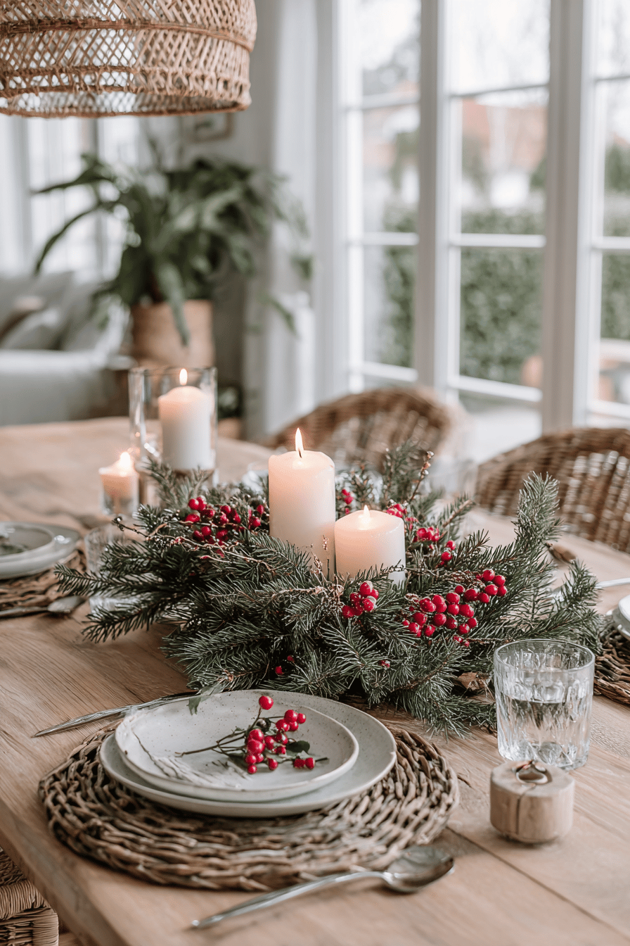 Weihnachtlich gedeckter Tisch mit Kerzen und Tannenzweigen.