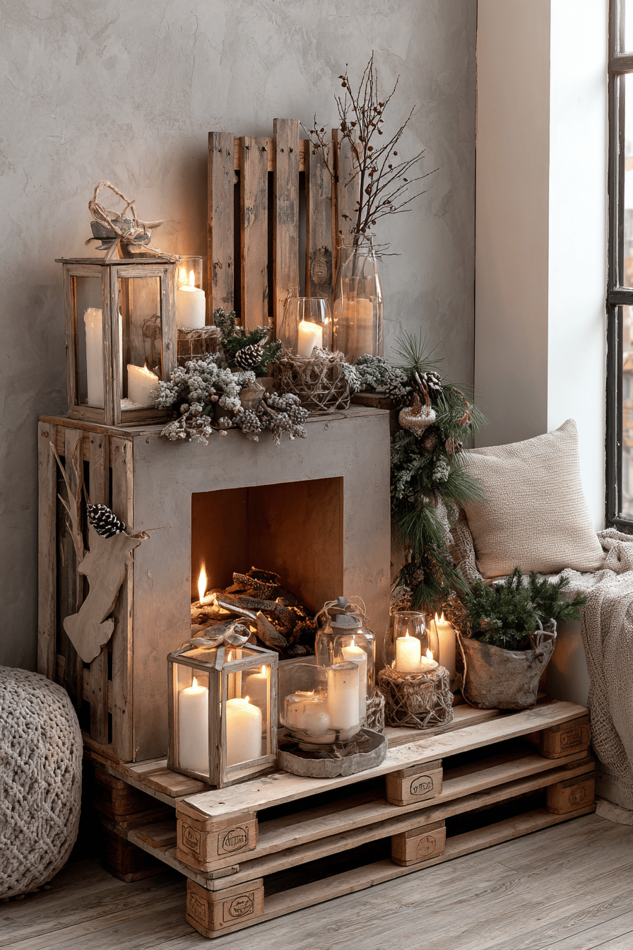Ein gemütlicher Weihnachtskamin aus Palettenholz, dekoriert mit Kerzen und Zweigen.