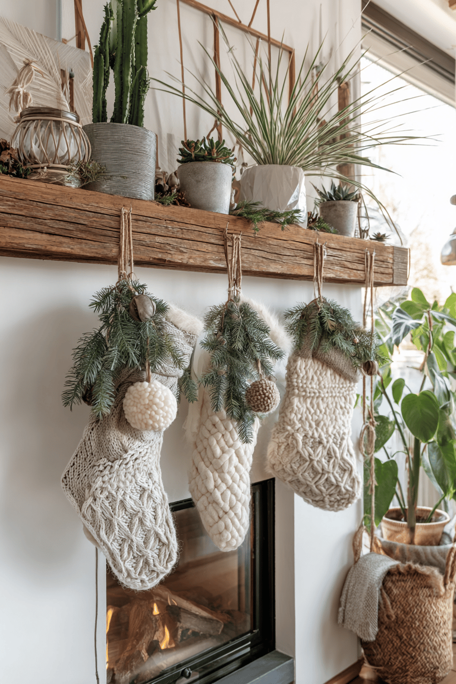 Rustikale Weihnachtsdekoration mit weißen Strümpfen und grünen Akzenten auf einem Kamin.