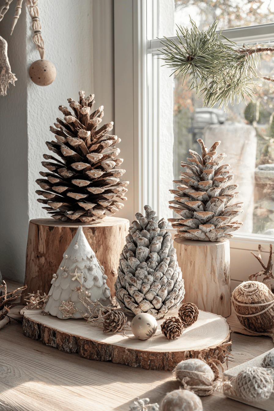 Verschiedene Tannenzapfen und Baumscheiben als elegante Weihnachtdekoration auf einer Fensterbank.