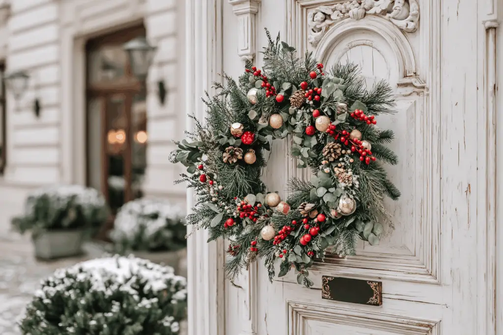 Weihnachtlicher Kranz an Holztür im Schnee