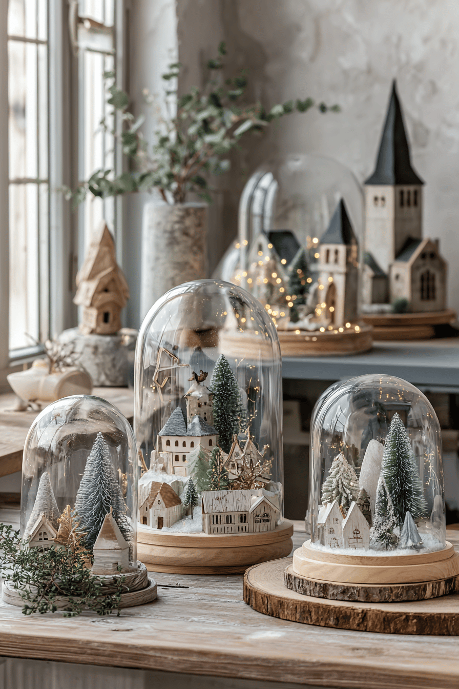 Verschiedene Glasglocken auf einem Tisch, gefüllt mit winterlichen Miniatur-Szenen wie kleinen Dörfern und Bäumen.
