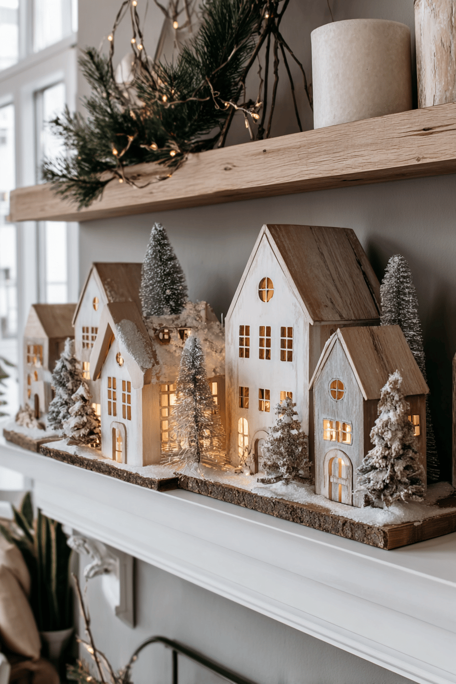 Detailreiches Holz-Weihnachtsdorf mit Lichtern auf einem Regal